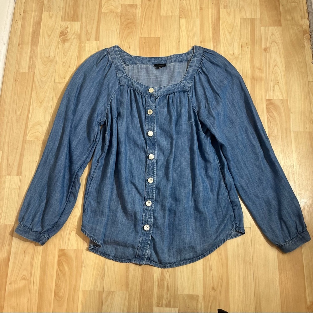 Talbots chambray denim square neck button-front top with balloon sleeves Small